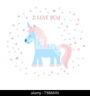 Licorne fantasy mignon avec l'inscription je t'aime. Pour l'imprimer sur un t-shirt. Vector Illustration Illustration de Vecteur