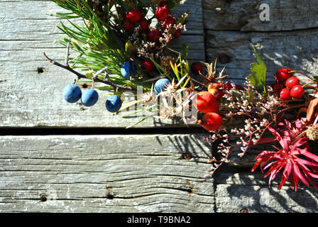 Couronne de Noël avec des baies sauvages (baies d'épine et dog rose baies), les cônes de pin gris, avec surface en bois, Close up detail Banque D'Images