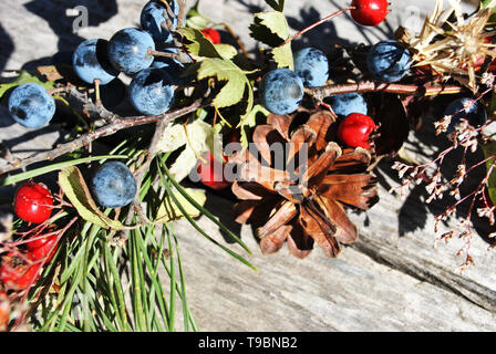 Couronne de Noël avec des baies sauvages (baies d'épine et dog rose baies), les cônes de pin gris, avec surface en bois, Close up detail Banque D'Images