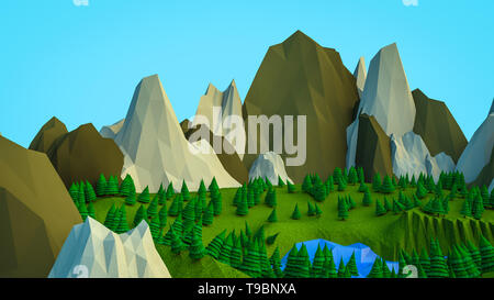 Polygonale bas arbres et montagnes. Paysage. L'informatique graphique. Le rendu 3D Banque D'Images