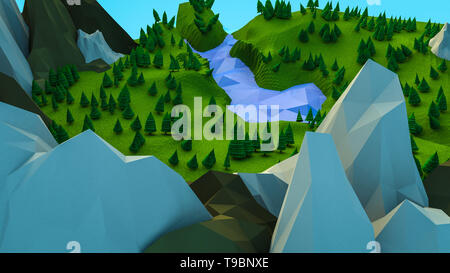 Polygonale bas arbres et montagnes. Paysage. L'informatique graphique. Le rendu 3D Banque D'Images