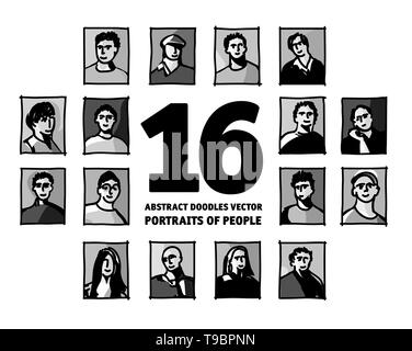 Doodles personnes portraits visages avatars jeu monochrome. Noir et blanc illustration vecteur EPS8 Illustration de Vecteur