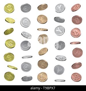 Pièces de dollar, euro, livre sterling, yen et bitcoin Illustration de Vecteur