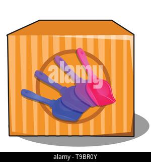 Boîte en carton avec des pelles en plastique de couleur pour la neige isolé sur fond blanc. Cartoon Vector illustration close-up. Illustration de Vecteur