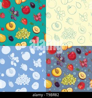 Ensemble d'arbres fruitiers et baies transparente avec motif pomme, raisin, prune, fraise, abricot, pêche, poire, cerise, pomme grenade, blackberry. Silhouette, painte Illustration de Vecteur