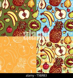 Ensemble de quatre modèles sans couture avec kiwi, ananas, banane, pomme, poire. Illustration de Vecteur
