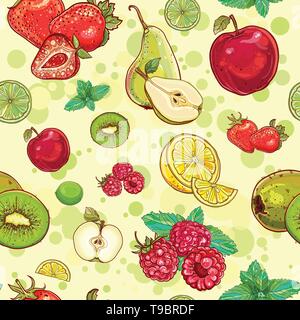 Motif transparent brillant vecteur avec des fruits et des baies. Pomme, kiwi, fraise, framboise, poire, citron, lime, menthe. eps 10 Illustration de Vecteur