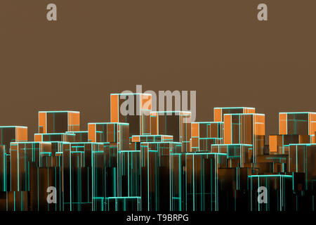 Résumé conceptuel skyline avec copie espace et cuboïdes. Orange et bleu. Rendu 3d illustration. Banque D'Images