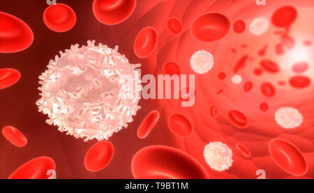 Globules blancs et rouges s'écoulant dans un vaisseau sanguin. Biologie et médecine illustration 3D render. Banque D'Images
