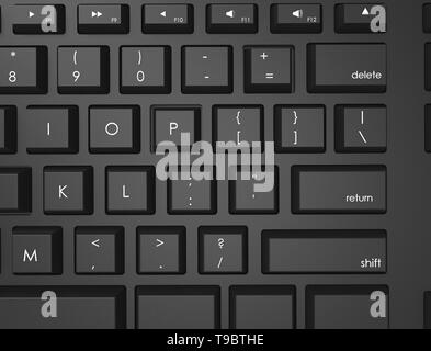 Le rendu 3D illustration Vue de dessus d'un clavier qwerty noir. Banque D'Images