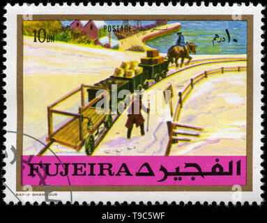 Timbre-poste de Fujairah dans les chemins de fer série émise en1971 Banque D'Images