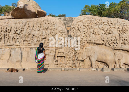 Femme en sari à l'extérieur de la pénitence d'Arjuna (Descente du Gange) rock en plein air, allégement de Mahabalipuram (Mamallapuram), Inde Banque D'Images