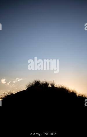 Sous le matin ( ou peut-être le soir) Le ciel se profilent des dunes de sable bordées de leur pic de l'herbe. Banque D'Images