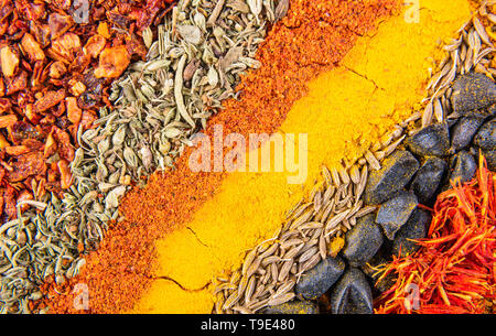 Ensemble d'épices colorées différentes pour l'est de la lave pilaf. Épicé Diagonal stripes comprend, de curcuma, satureja cuminum, épine-vinette, paprika et tagetes. Vi Banque D'Images
