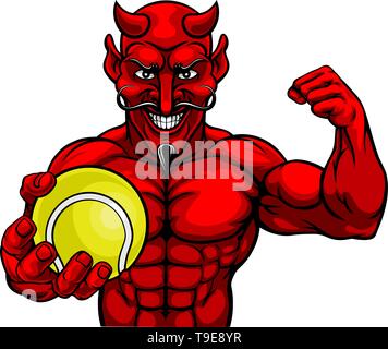 Sports Tennis diable Mascot Holding Ball Illustration de Vecteur