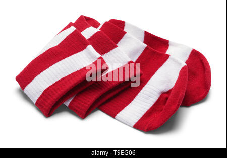 Rouge et blanc à rayures Chaussettes pliée isolé sur blanc. Banque D'Images