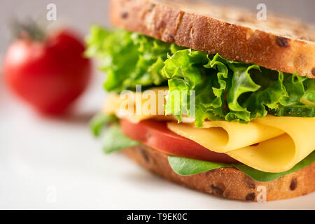 Sandwich avec du fromage et des légumes. Un plat sur un fond blanc. High key. Banque D'Images