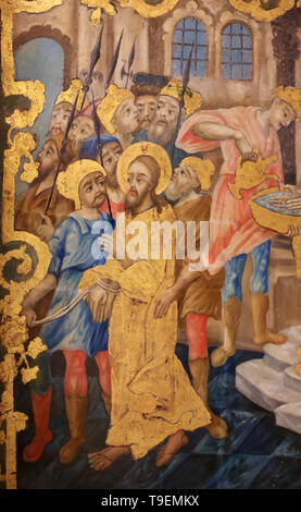 Fresque grecque orthodoxe dans l'église du Saint Sépulcre à Jérusalem, représentant Jésus Christ devant Ponce Pilate, de laver ses mains. Banque D'Images