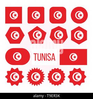 Drapeau de la Tunisie Figure Collection Icons Set vecteur. Couleur rouge avec croissant et l'étoile à huit branches centrée sur l'emblème national de la République Tunisie Amérique du Illustration de Vecteur