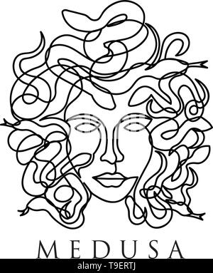 Une seule ligne continue visage medusa - style de ligne régulière Illustration de Vecteur