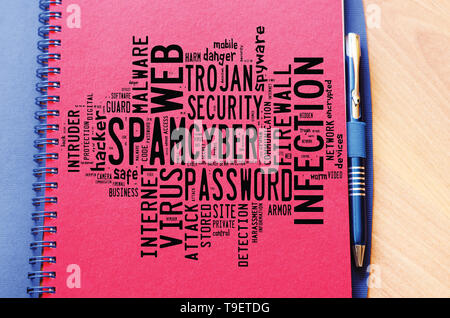 Spam word cloud collage sur fond bloc-notes Banque D'Images