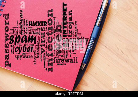 Spam word cloud collage sur fond bloc-notes Banque D'Images