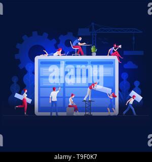 Illustration Vecteur de personnes travaillent ensemble sur grand écran et la construction d'une nouvelles réalisations. Concept d'équipe d'affaires. Les caractères sont les gens travailler Illustration de Vecteur