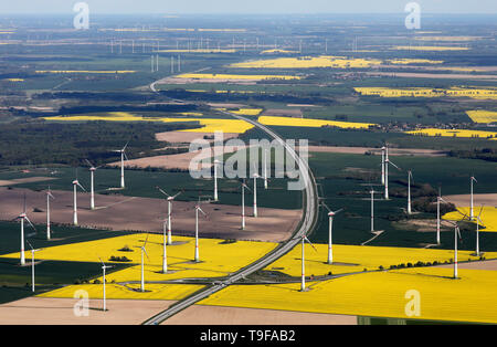 Altentreptow, Allemagne. 14 mai, 2019. Il y a un grand parc éolien à droite et à gauche de l'autoroute a20. Crédit : Bernd Wüstneck/dpa-Zentralbild/dpa/Alamy Live News Banque D'Images