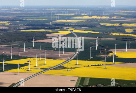 Altentreptow, Allemagne. 14 mai, 2019. Il y a un grand parc éolien à droite et à gauche de l'autoroute a20. Crédit : Bernd Wüstneck/dpa-Zentralbild/dpa/Alamy Live News Banque D'Images