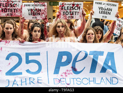 Stuttgart, Allemagne. 18 mai, 2019. Les militants de l'organisation de défense des droits des animaux Peta s'asseoir sur le sol maculé de sang artificiel et de tenir une banderole avec l'inscription '25 ans Peta Allemagne'. L'organisation décrit l'action comme l'un de ses classiques de démonstration. À l'occasion de son 25e anniversaire, la branche allemande de l'association prévoit de relancer 15 activités bien connues cette année. Credit : Fabian Sommer/dpa/Alamy Live News Banque D'Images