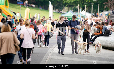 Varsovie, Pologne. 18 mai, 2019. Les visiteurs sont vus au cours de la journée en compagnie de Varsovie Varsovie, Pologne, le 18 mai 2019. Des centaines de personnes se sont réunies avec leurs chiens de compagnie dans le parc La Fontaine multimédia le samedi. Les visiteurs peuvent également adopter des animaux de refuges pour animaux. Credit : Jaap Arriens/Xinhua/Alamy Live News Banque D'Images