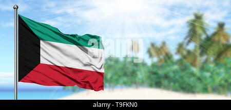 Brandissant le drapeau du Koweït dans le ciel bleu ensoleillé avec fond de plage d'été. Locations de vacances à thème, concept. Banque D'Images