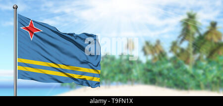 Brandissant le drapeau d'Aruba dans le ciel bleu ensoleillé avec fond de plage d'été. Locations de vacances à thème, concept. Banque D'Images