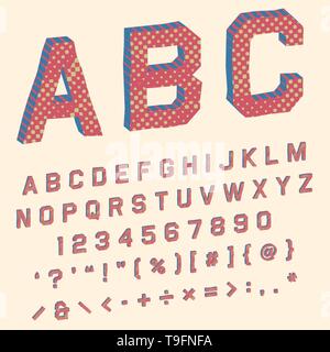 L'alphabet en bande dessinée de super-héros rétro avec des formes 3D en rouge, bleu et jaune Illustration de Vecteur