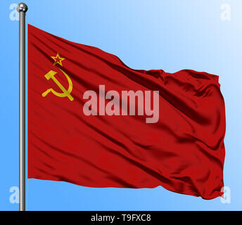 De brandir le drapeau de l'Union soviétique dans le grand bleu en fond de ciel. Drapeau national isolé. L'affichage macro shot. Banque D'Images