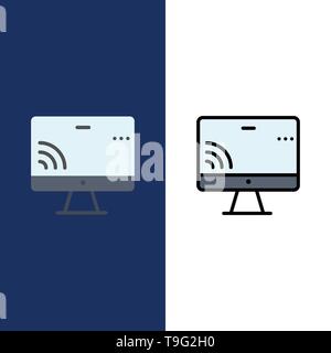 Écran, Moniteur, écran, connexion Wi-Fi au réseau local d'icônes. Télévision et ligne rempli Icon Set vector Blue Background Illustration de Vecteur