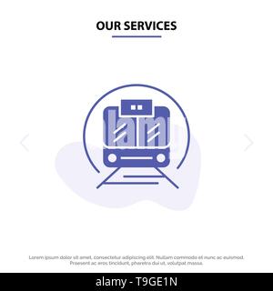 Nos services, transports, train, icône glyphe solides Public Modèle de carte Web Illustration de Vecteur