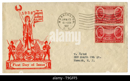 Washington D.C., USA - Le 15 janvier 1937 : enveloppe historique : couvrir avec cachet patriotique héros d'Amérique, de l'armée américaine, deux timbres-poste rouge Banque D'Images