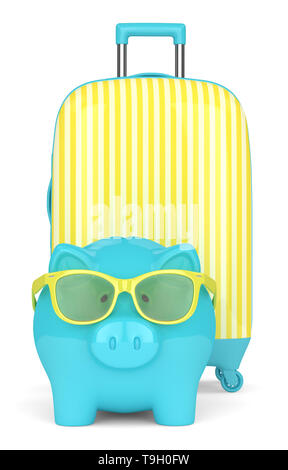 3D render of piggy bank with suitcase sur fond blanc Banque D'Images