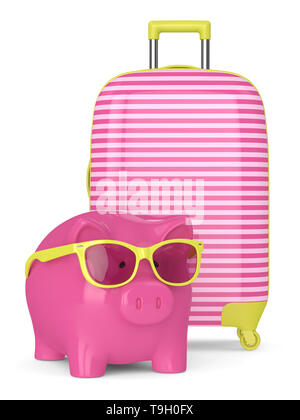 3D render of piggy bank with suitcase sur fond blanc Banque D'Images