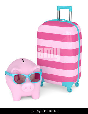 3D render of piggy bank with suitcase sur fond blanc Banque D'Images