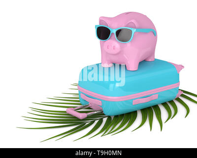 3D render of piggy bank with suitcase sur fond blanc Banque D'Images