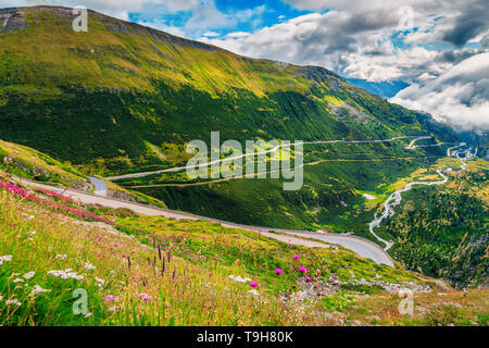 Paysage alpin pittoresque, célèbre col de la Furka alpine sinueuses avec des fleurs de montagne, Suisse, Europe Banque D'Images