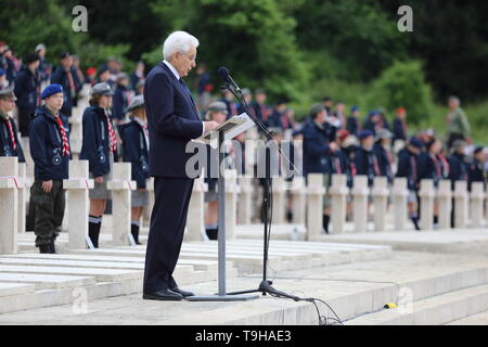 Cassino, Italie - 18 mai 2019 : Le discours du président de la République italienne Sergio Mattarella dans le cimetière militaire polonais pour le 75e anniversaire de la bataille de Montecassino Banque D'Images