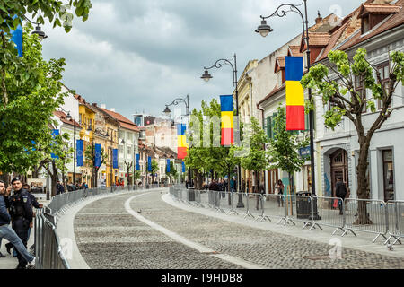 La ville de Sibiu, Roumanie - 9 mai 2019. Balcescu street prêt pour l'Union européenne et la jour de réception à la réunion informelle des chefs d'État ou de Banque D'Images