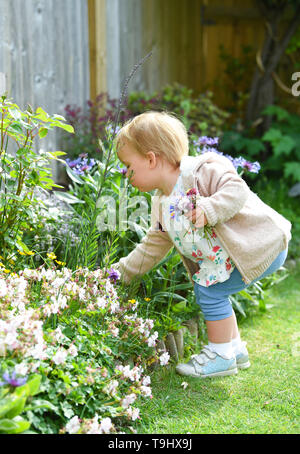 Jeune bébé fille de deux ans et demi de préparation de l'âge de fleurs jardin de Gaulle Charles Banque D'Images