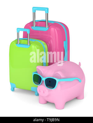 3D render of piggy bank avec des valises sur fond blanc Banque D'Images