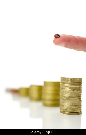 Homme doigt avec coccinelle sur elle des piles de pièces en euros. Plus isolé sur fond blanc. Banque D'Images