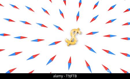 Toutes les boussoles s'est tourné vers la monnaie dollar. Convient pour l'économie, des finances et de l'entreprise thèmes. 3d illustration Banque D'Images