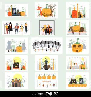 Scène minimale pour l'halloween, le 31 octobre, avec des monstres qui : Dracula, verre, pumpkin man, Frankenstein, parapluie, cat, joker, sorcière femme. Illustration de Vecteur